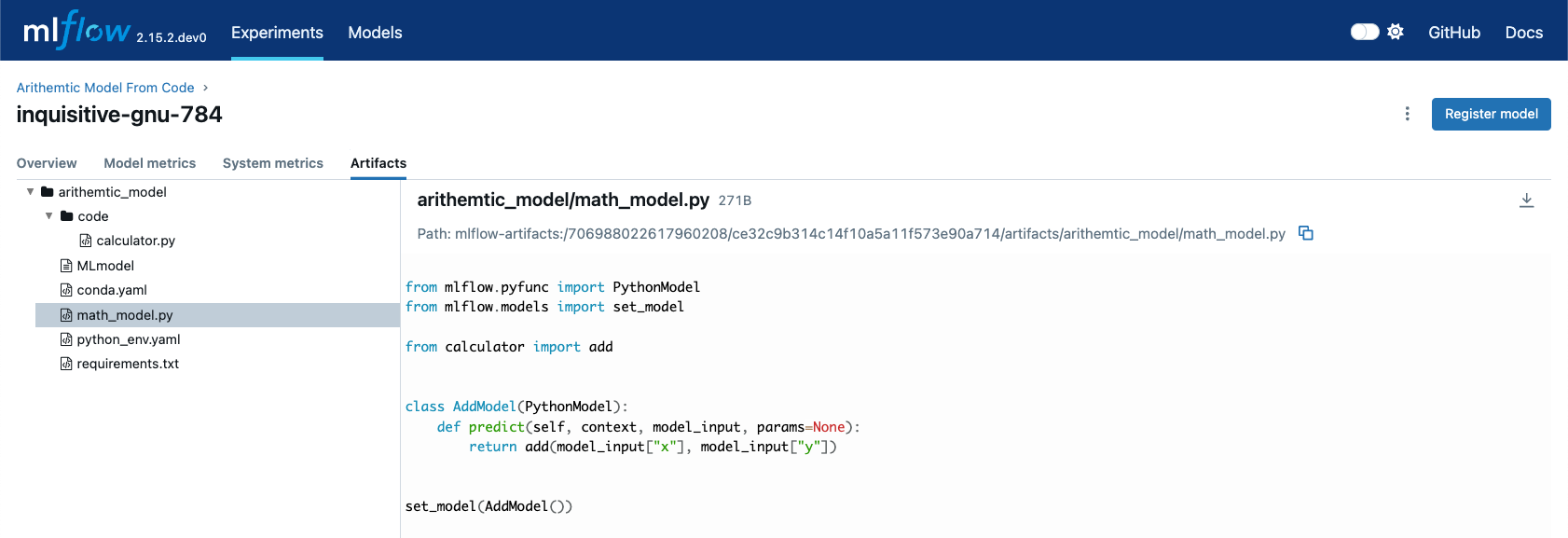 The MLflow UI showing models from code usage along with dependent code_paths script stored in the model artifacts