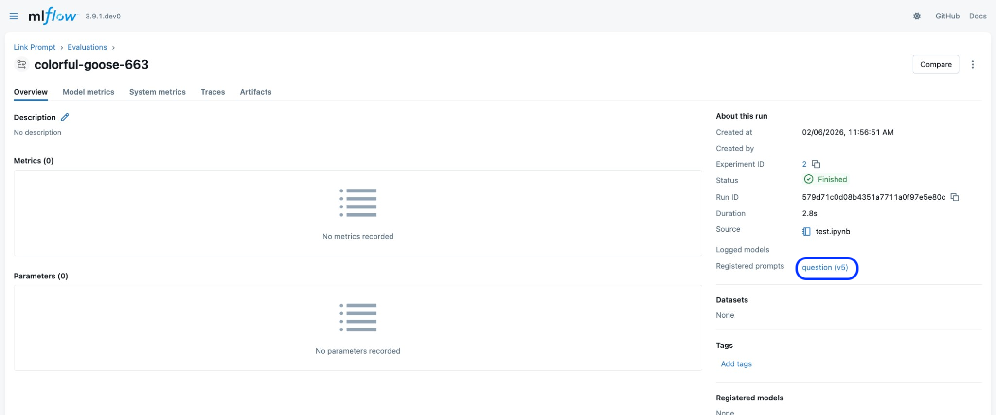 Prompt-run linking in run overview