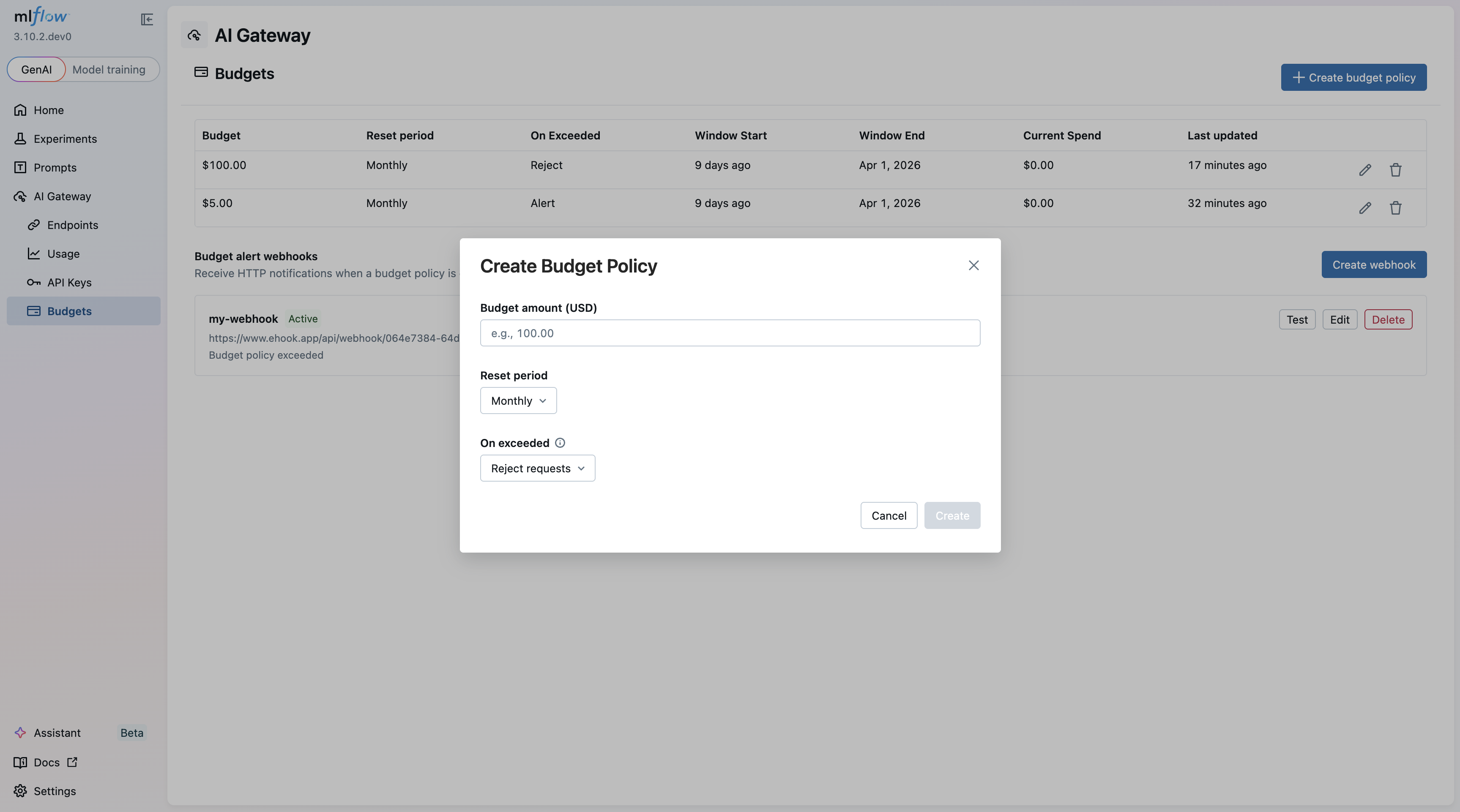 Create budget policy dialog