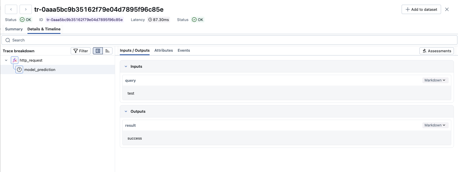 The MLflow UI showing the MLflow and OpenTelemetry combined spans when trace provider is set